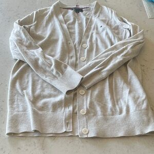Tommy Hilfiger White/Light Beige Button Front V-Neck Cardigan